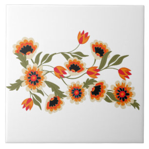 Azulejo Patrón floral de arte popular Naranja rojo Botánic