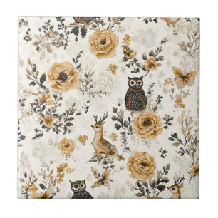 Azulejo Patrón Floral de Búho en Beige País Francés