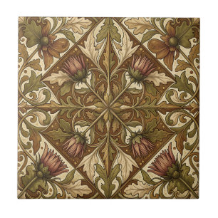 Azulejo Patrón Floral de Cardo Marrón Cálido Victoriano