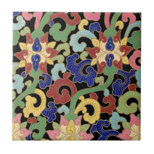 Azulejo Patrón floral de chinoisería colorido sobre negro