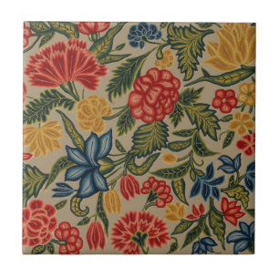 Azulejo Patrón Floral de Crewel Rojo y Dorado Vintage