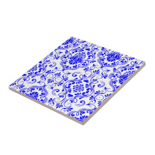 Azulejo Patrón floral de Damasco azul y blanco elegante