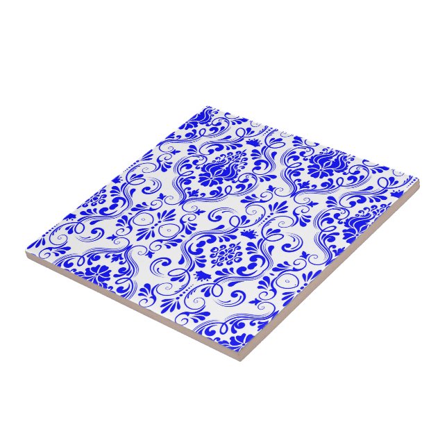 Azulejo Patrón floral de Damasco azul y blanco elegante (Lado)