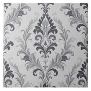 Azulejo Patrón Floral de Damasco Barroco Gris Plateado