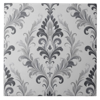 Azulejo Patrón Floral de Damasco Barroco Gris Plateado