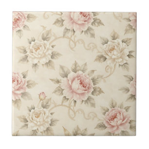 Azulejo Patrón floral de damasco de rosa rosa vintage