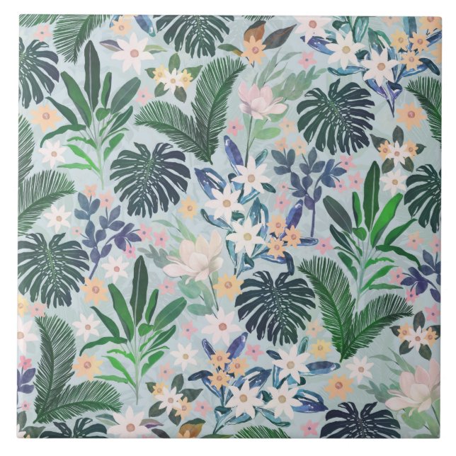 Azulejo Patrón floral de follaje tropical (Frente)