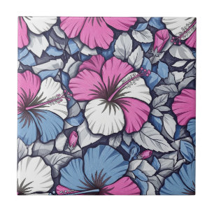 Azulejo Patrón floral de hibisco azul elegante (1)