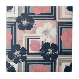 Azulejo Patrón floral de hibisco azul elegante (10)