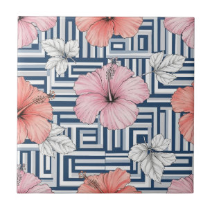 Azulejo Patrón floral de hibisco azul elegante (12)