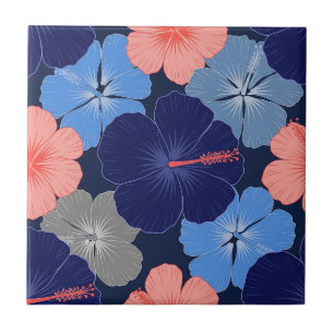 Azulejo Patrón floral de hibisco azul elegante (13)