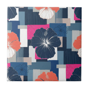 Azulejo Patrón floral de hibisco azul elegante (14)