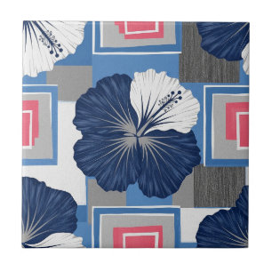 Azulejo Patrón floral de hibisco azul elegante (4)