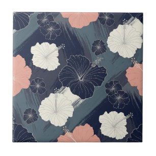 Azulejo Patrón floral de hibisco azul elegante (5)