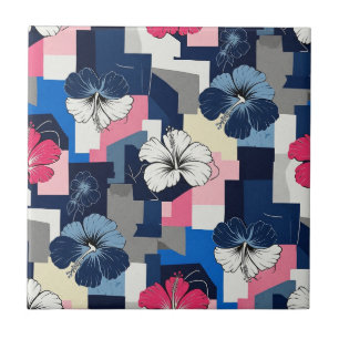 Azulejo Patrón floral de hibisco azul elegante (7)