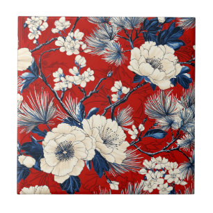 Azulejo Patrón floral de invierno de peonía índigo carmesí
