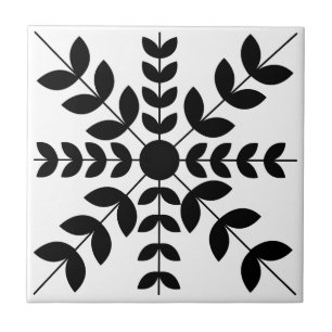 Azulejo Patrón floral de mandala abstracto en blanco y neg