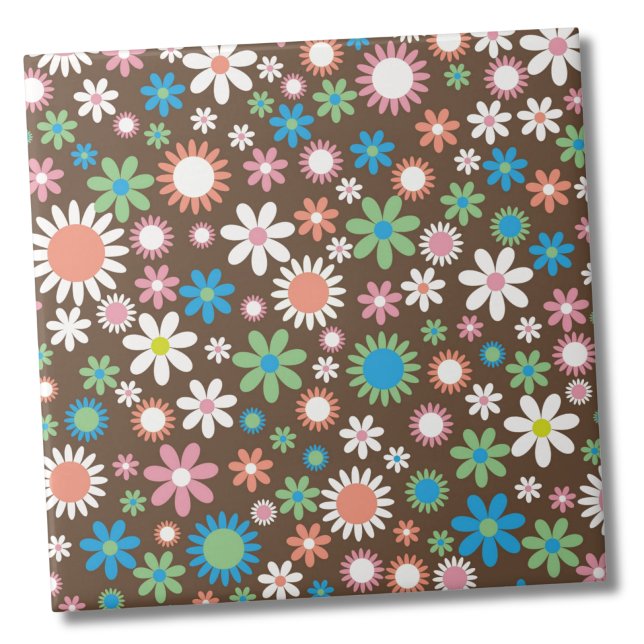 Azulejo Patrón floral de margarita (Cute Groovy Brown Blue Green Retro Daisy Floral ceramic tile)