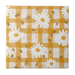 Azulejo Patrón floral de margarita blanca en Gingham amari