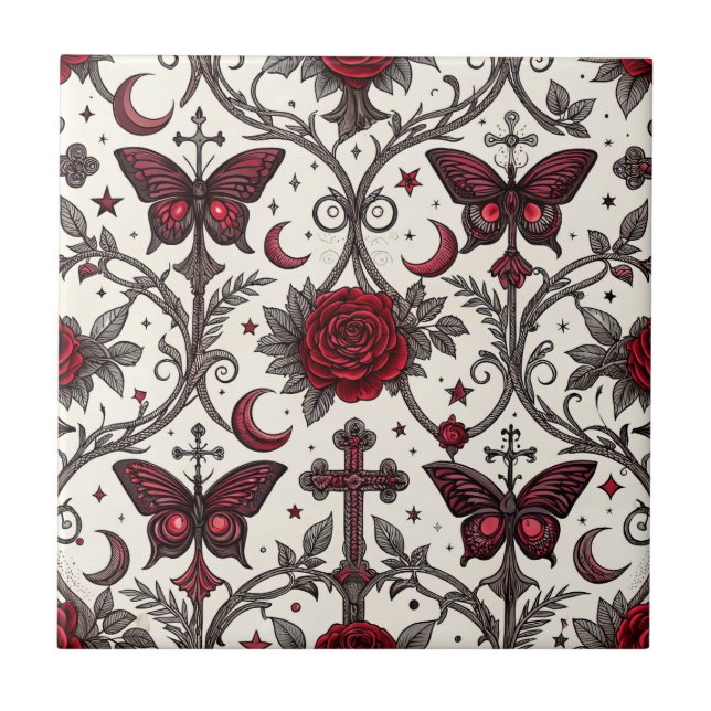 Azulejo Patrón floral de mariposa gótica (1) (Frente)