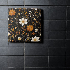 Azulejo Patrón floral de oro vintage de Boho de otoño negr