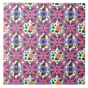 Azulejo Patrón Floral de Pájaro Folk Caprichoso