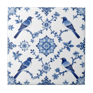 Azulejo Patrón floral de pájaros chinoiserie azul