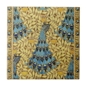 Azulejo Patrón Floral de Pavo Real Azul Art Nouveau Antigu