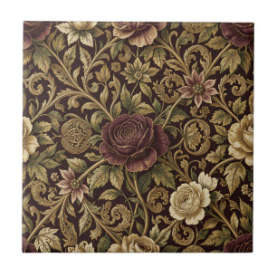 Azulejo Patrón floral de rosa dorada de Borgoña de lujo