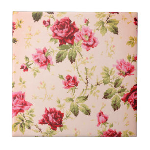 Azulejo Patrón floral de rosas rojas y rosadas vintage