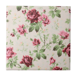 Azulejo Patrón floral de rosas rojas y rosadas vintage bon