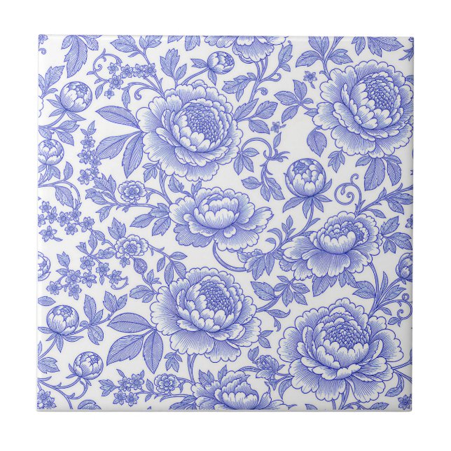 Azulejo Patrón floral de toile francés azul (Frente)