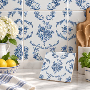 Azulejo Patrón Floral de Toile Francés Azul