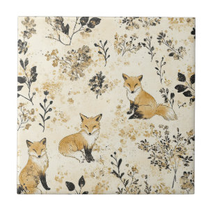 Azulejo Patrón Floral de Zorro del Bosque de Oro Negro