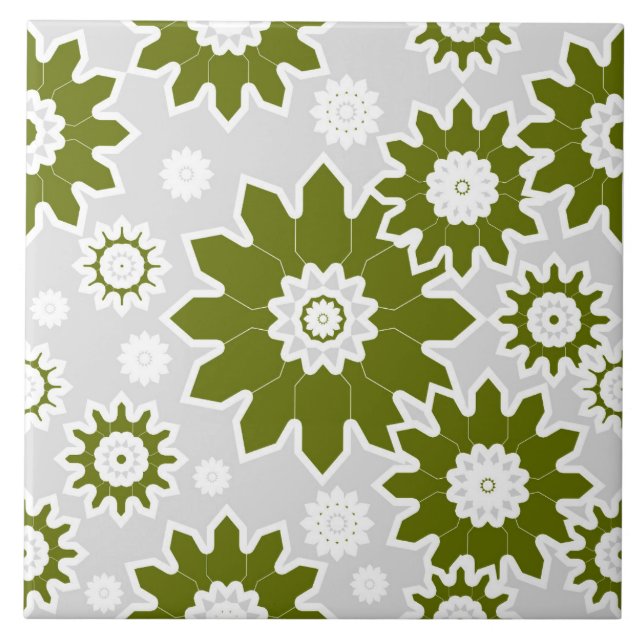 Azulejo Patrón floral, diseño moderno, verde oliva, blanco (Frente)