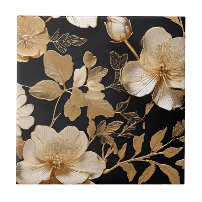 Azulejo Patrón floral dorado y blanco sobre negro (Frente)