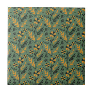 Azulejo Patrón floral estilizado botánico de naranja y neg