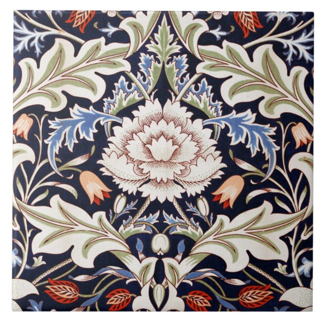 Azulejo Patrón Floral Flores Hermosas Azul Rojo Verde (Frente)