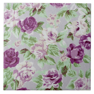 Azulejo Patrón Floral Flores Moradas Follaje Verde
