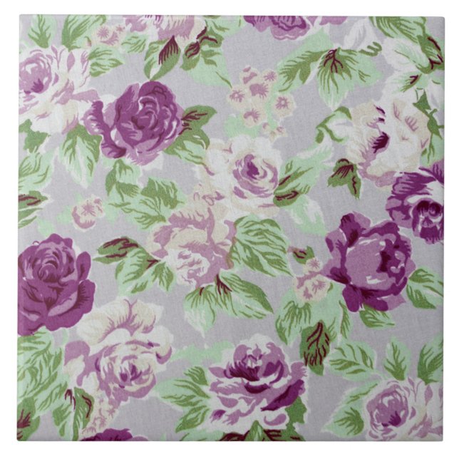 Azulejo Patrón Floral Flores Moradas Follaje Verde (Frente)