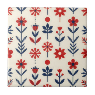 Azulejo Patrón floral folk rojo y navy