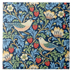 Azulejo Patrón floral, fresa y pájaro vintage