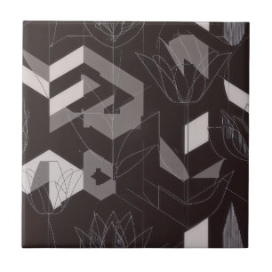 Azulejo Patrón floral geométrico de tulipán taupe negro mo