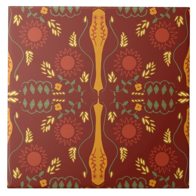 Azulejo Patrón floral geométrico en marrón oscuro (Frente)