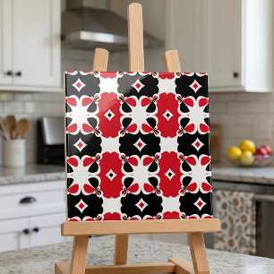 Azulejo Patrón Floral Geométrico Retro Rojo Negro Blanco
