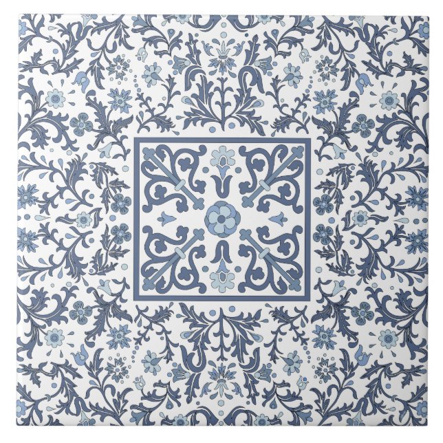 Azulejo Patrón floral gráfico elegante azul (Frente)