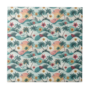 Azulejo Patrón floral hawaiano de olas del océano de playa