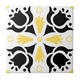 Azulejo Patrón floral intrincado negro y amarillo