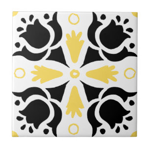 Azulejo Patrón floral intrincado negro y amarillo