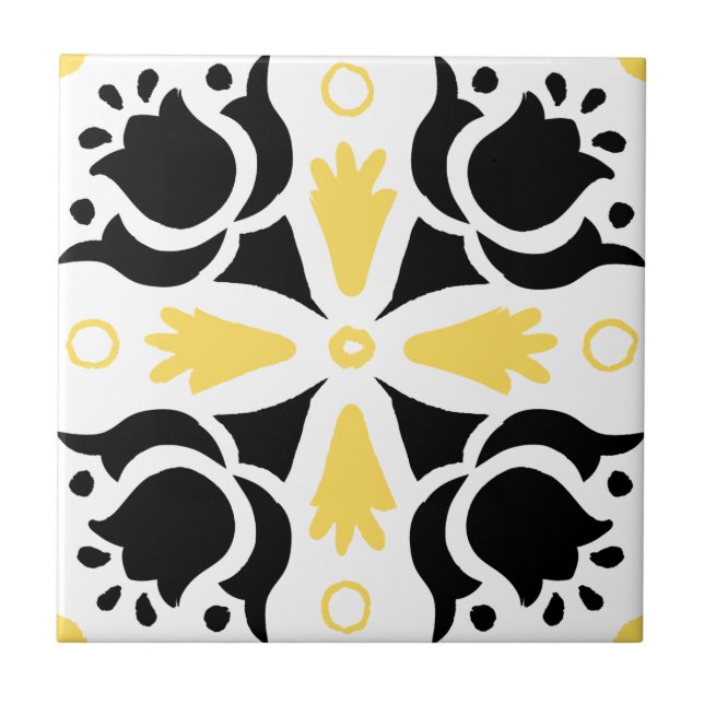 Azulejo Patrón floral intrincado negro y amarillo (Frente)